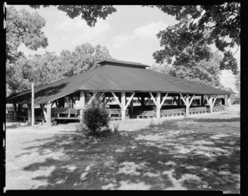 Black and white photo of permanent camp meeting structure