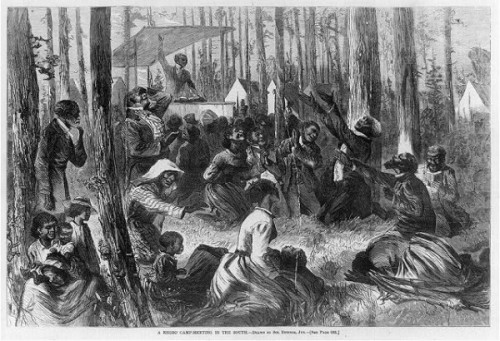 vintage black and white drawing of a camp meeting in the woods
